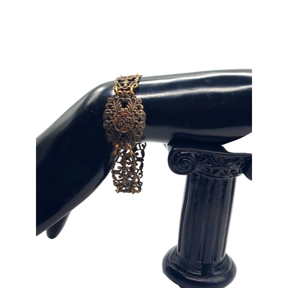 Vintage Brass Filigree Link Bracelet Floral Centerpiece Art Deco Revival